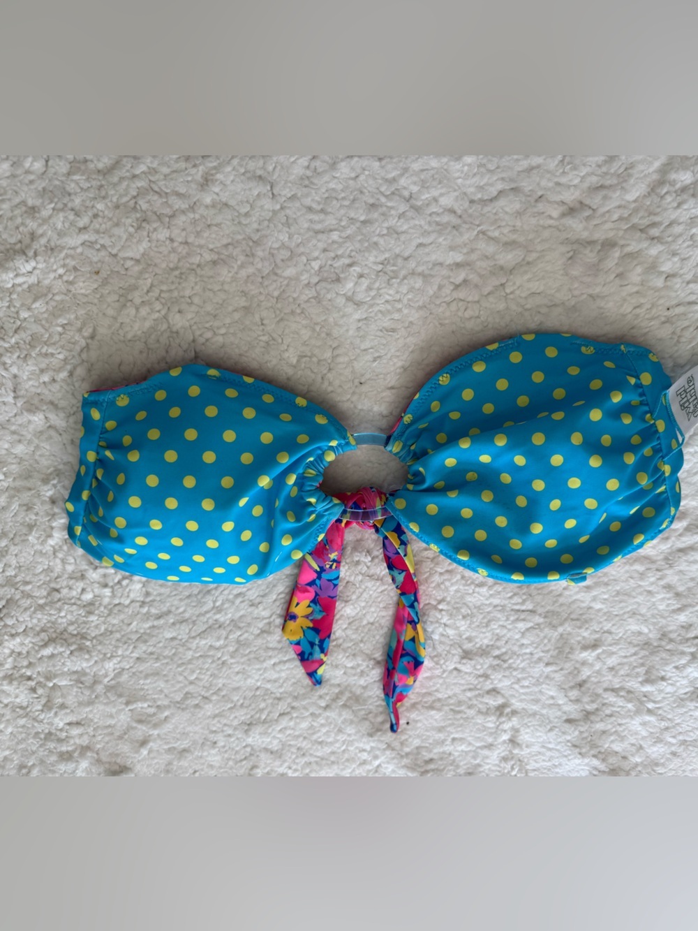 Reversable Blue and Yellow Polka Dot Bandeau Swim Top with Floral Tie